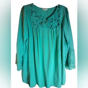 OPi Womens Mint Green Long Embroidered Top Size L Work Minimalist Boho Romantic